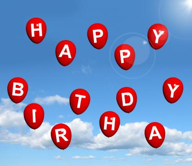 Free Stock Photo of Red Balloons In The Sky Spelling Happy Birthday