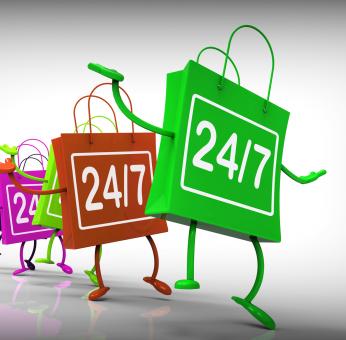 Free Stock Photo of Twenty-four Seven Bags Show Shopping Availability and Open Hours