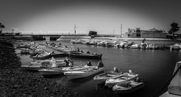 Free Stock Photo of Small Boats - Black and White