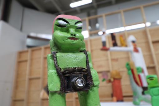 Free Stock Photo of Green modern art sculpture with camera