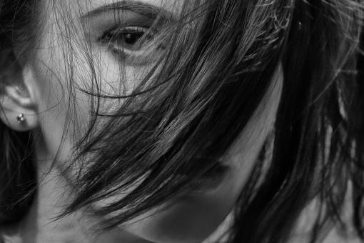 Free Stock Photo of Girl with Dark Hair - Black and White Portrait