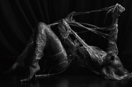 Free Stock Photo of Girl in Plastic Wrap - Black and White