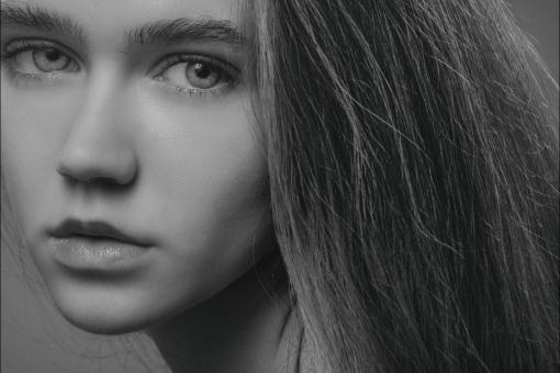 Free Stock Photo of Young Girl with Long Hair - Black and White Portrait
