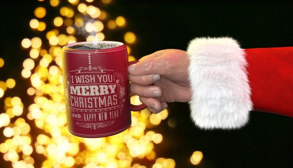Free Stock Photo of Santa Claus with Hot Coffee Mug