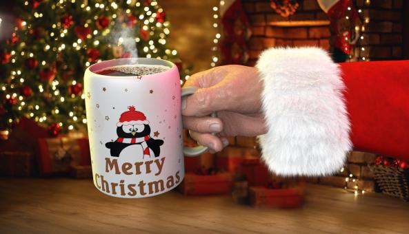 Free Stock Photo of Merry Christmas - Santa Claus Holding Coffee