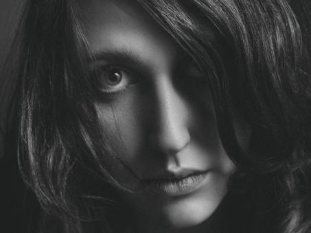 Free Stock Photo of Dark Haired Girl Portrait - Black and White