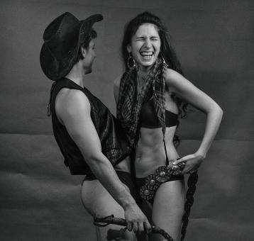 Free Stock Photo of Couple in Cowboy Costume - Black and White
