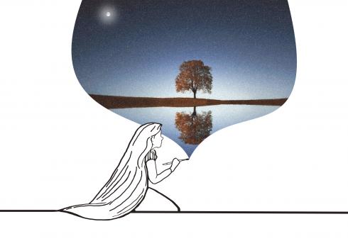 Free Stock Photo of Childhood Dreams - A Little Girl Paints a Landscape at Night