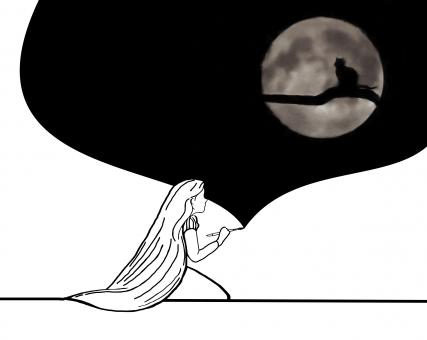 Free Stock Photo of Little Girl Paints Cat Silhouette on the Moon