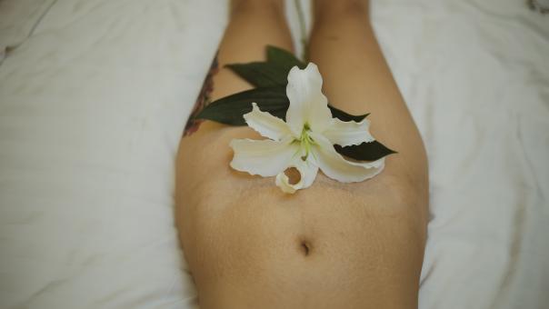 Free Stock Photo of Woman Hiding Her Waist With Flower