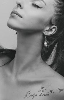 Free Stock Photo of Stylish Model - Carpe Diem Tattoo - Monochrome Portrait