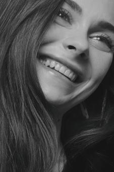 Free Stock Photo of Happy Brunette - Female Portrait in Monochrome