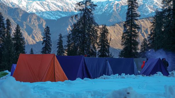Free Stock Photo of Row of Tents - Mountain in Winter