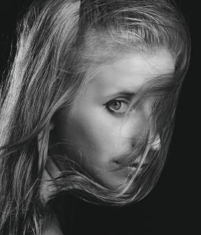 Free Stock Photo of Girl Portrait - Hair over Face - Monochrome