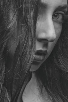 Free Stock Photo of Dark Hair Model Portrait - Closeup - Monochrome