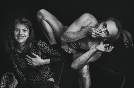 Free Stock Photo of Couple Fooling Around - Man and Woman Monochrome