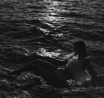 Free Stock Photo of Girl in the Ocean - LowKey - Monochrome
