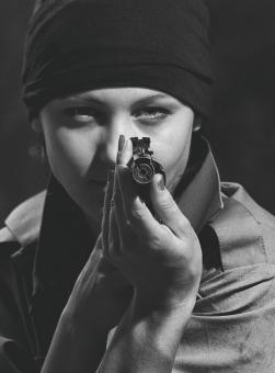 Free Stock Photo of Girl Pointing a Gun - Monochrome
