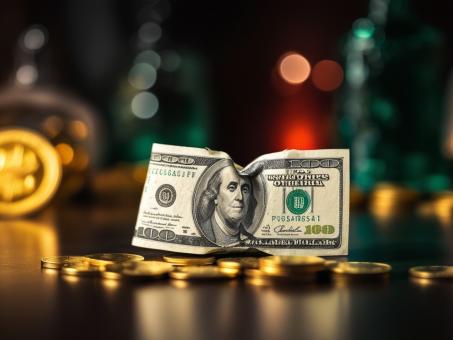 Free Stock Photo of Money Dollar Currency with Gold Coins