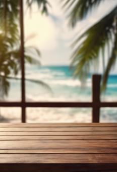 Free Stock Photo of Wooden Table Looking Out to Tropical Ocean