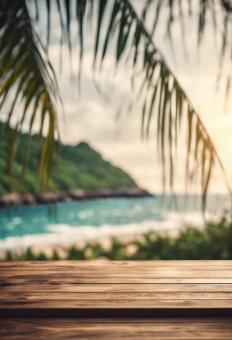 Free Stock Photo of Wooden Table Looking Out to Tropical Ocean