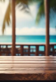 Free Stock Photo of Wooden Table Looking Out to Tropical Ocean