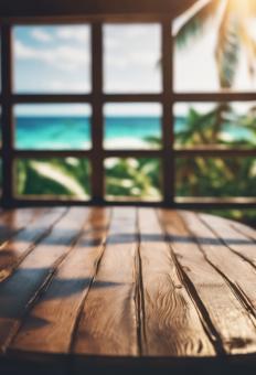 Free Stock Photo of Wooden Table Looking Out to Tropical Ocean
