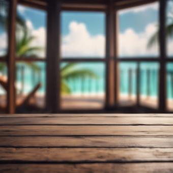 Free Stock Photo of Wooden Table Looking Out to Tropical Ocean