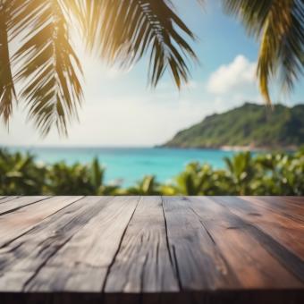 Free Stock Photo of Wooden Table Looking Out to Tropical Ocean