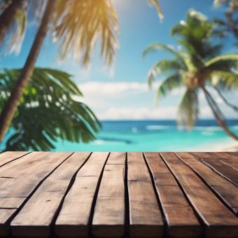 Free Stock Photo of Wooden Table Looking Out to Tropical Ocean