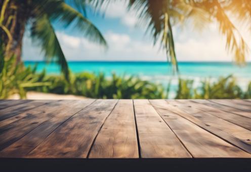 Free Stock Photo of Wooden Table Looking Out to Tropical Ocean