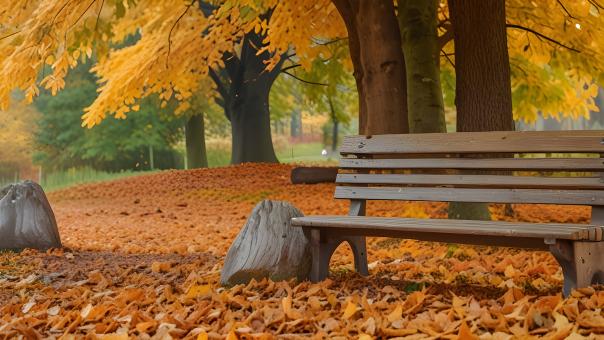 Free Stock Photo of Autumn Leaves on a Park Bench