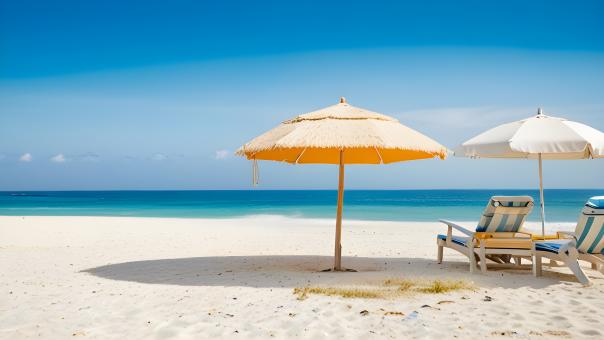 Free Stock Photo of Beach Scene with Chairs and Umbrella
