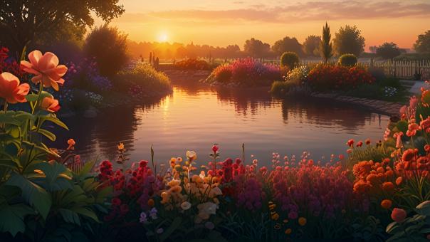 Free Stock Photo of A Stunning Flower Garden by the Water