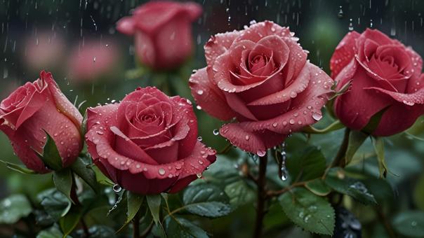 Free Stock Photo of Dew-Kissed Roses with Dramatic Raindrops