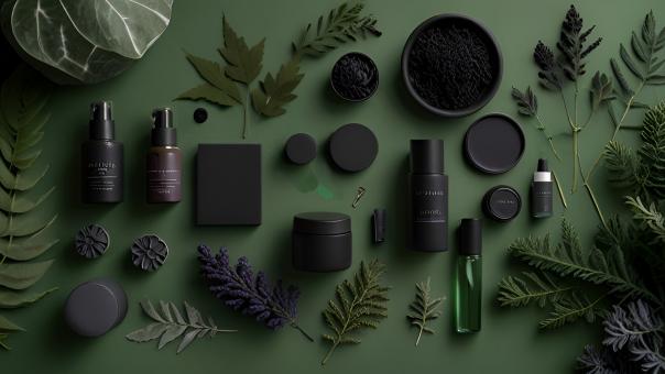 Free Stock Photo of Elegant Black Cosmetic Display with Eco-Friendly Vibes