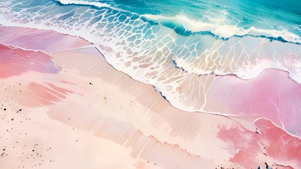 Free Stock Photo of Sunset Beach Waves in Watercolor, Birds-Eye View
