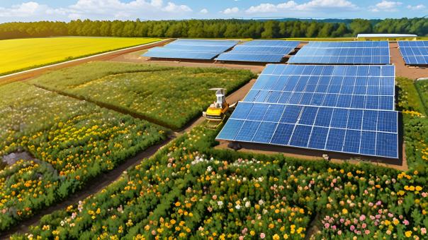 Free Stock Photo of Aerial View of Solar Panels Amid Blooming Fields