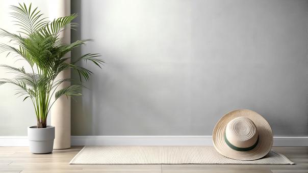 Free Stock Photo of Stylish Indoor Space with a Potted Plant Cozy Hat on a Rug 