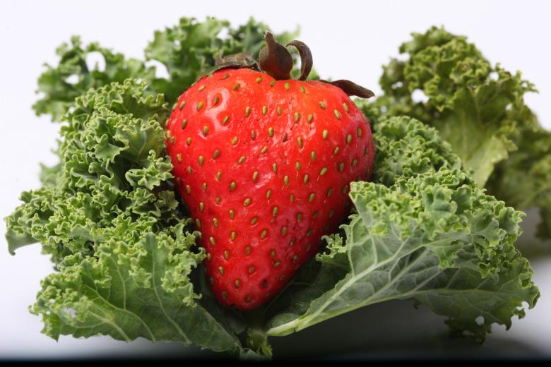 Free stock image of Red Strawberry on kale created by Jared Davidson