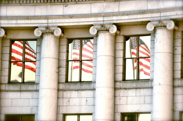 Free stock image of American Flag Reflection in Civic Center created by Chance Buell