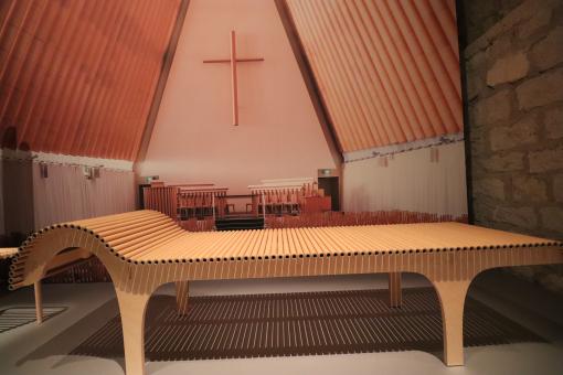 Free Stock Photo of Church Wood and Cardboard Bench
