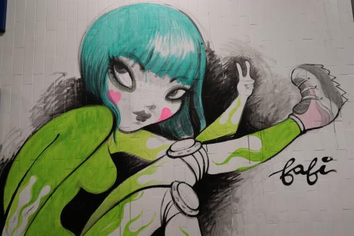Free Stock Photo of Graffiti of young girl with green-blue hair