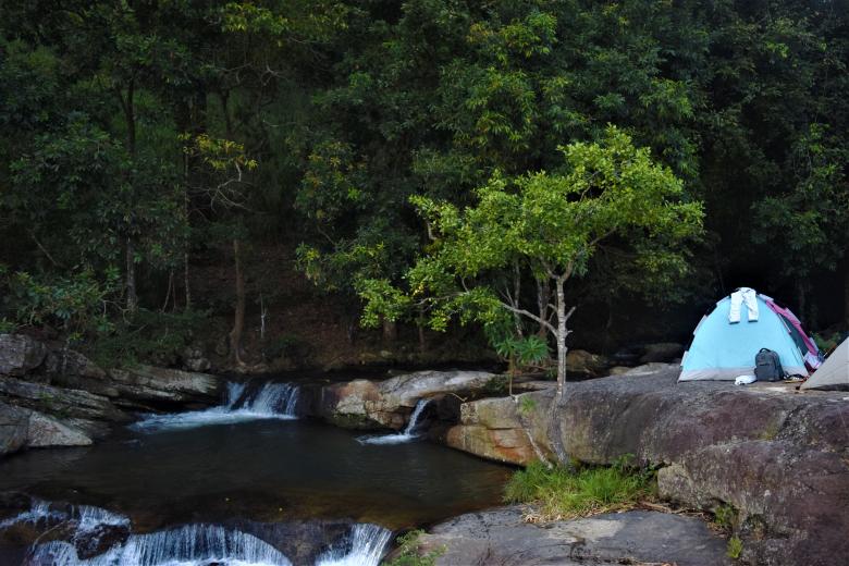 Free stock image of Blue Tent by a Tropical Waterfall created by mohamed aslam