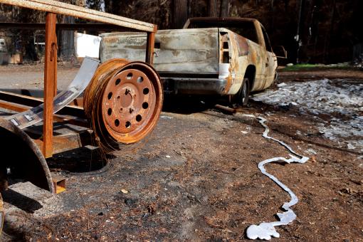 Free Stock Photo of Burned Truck in Blue River