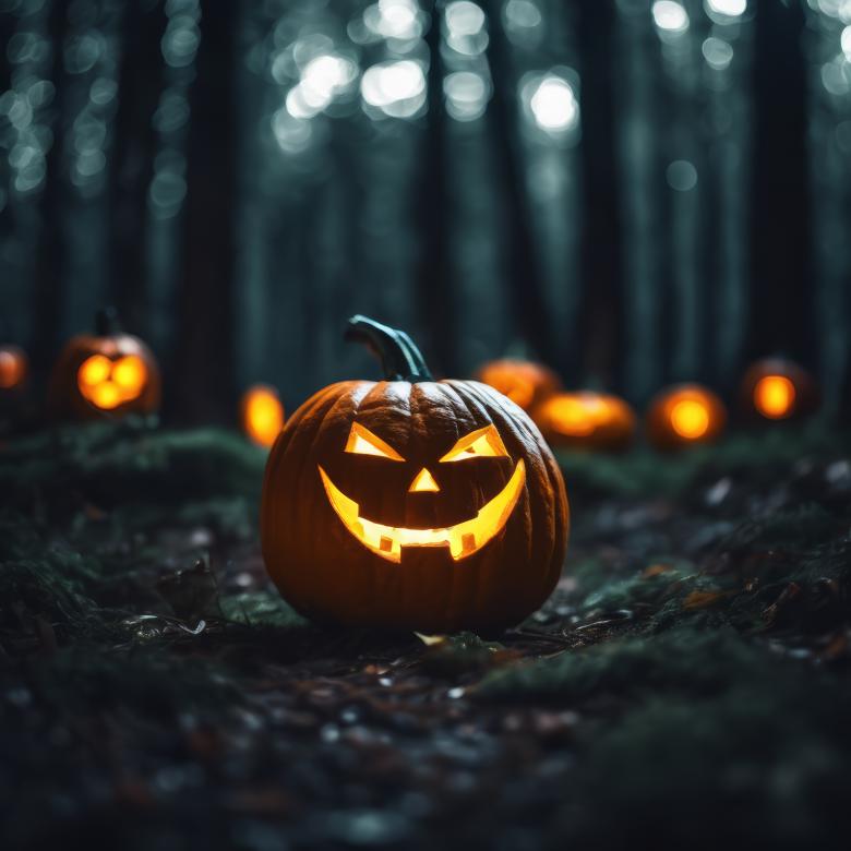 Free stock image of Jack-o-Lantern in a Dark Forest at Night created by StayWeird