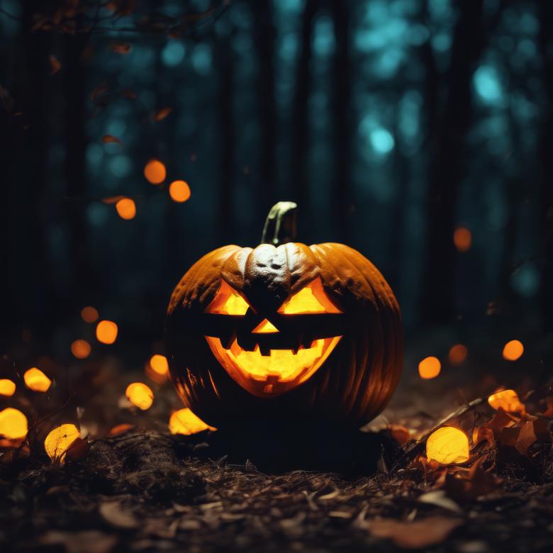 Free stock image of Jack-o-Lantern in a Dark Forest at Night created by StayWeird