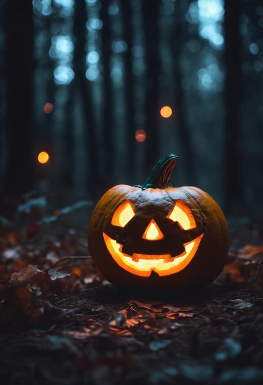 Free stock image of Jack-o-Lantern in a Dark Forest at Night created by StayWeird