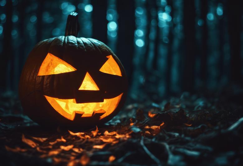 Free stock image of Jack-o-Lantern in a Dark Forest at Night created by StayWeird