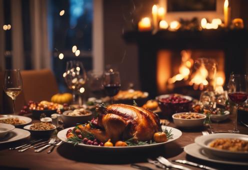 Thanksgiving Dinner in a Celebration Night in Front of the Fireplace